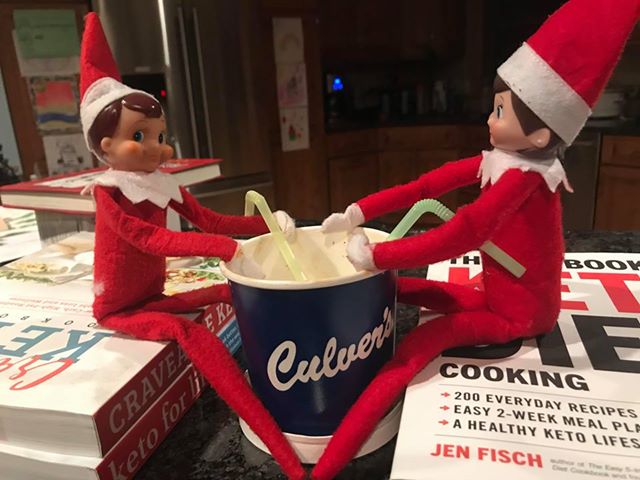 Guest image of two Elf on the Shelf dolls enjoying a pint of Fresh Frozen Custard together out of straws